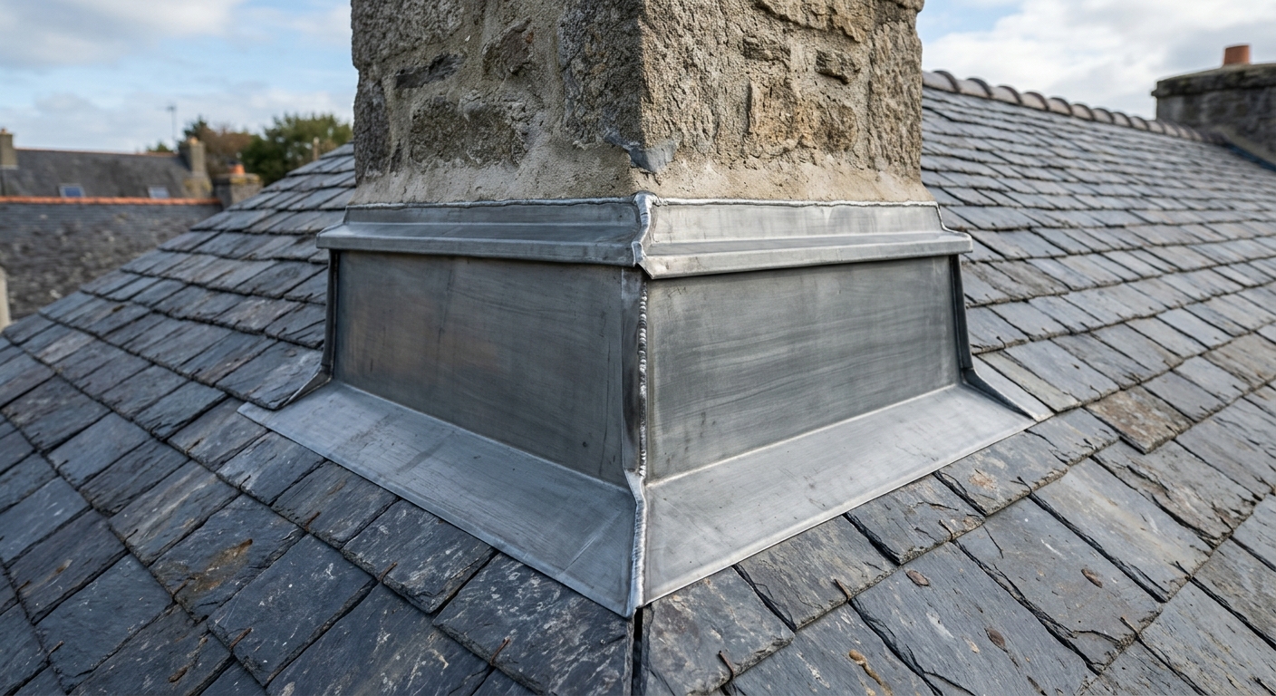 Détail d'un abergement de cheminée en zinc réalisé sur mesure pour travaux de zinguerie à Carquefou